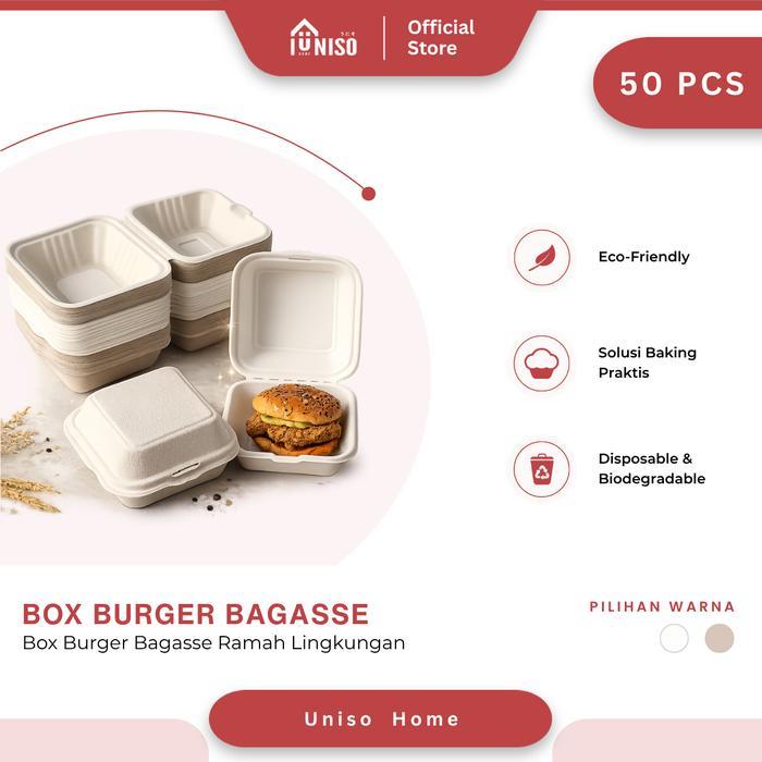 UNISO - [50 PCS] BAGASSE BURGER BOX MINI CAKE BOX KOREAN BENTO BOX KOTAK BURGER KECIL SERAT TEBU