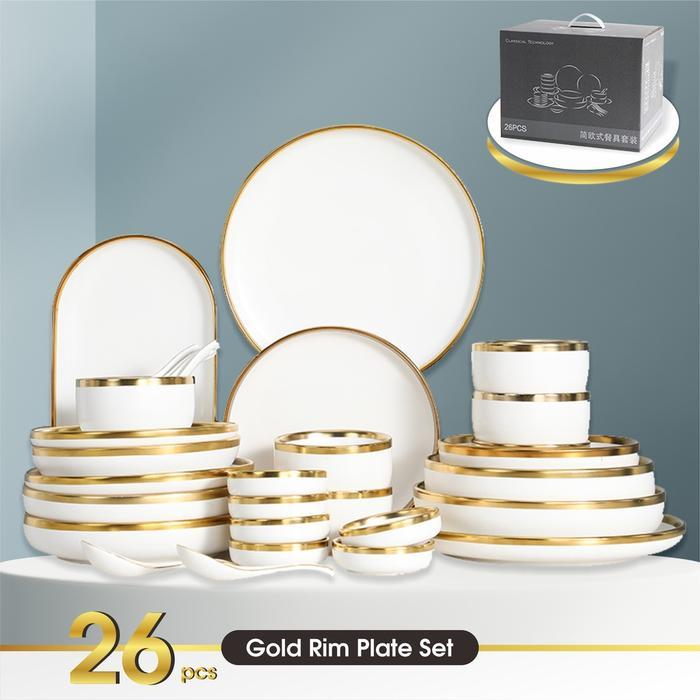 Piring Keramik Set Putih Dinner Piring Mangkok Pinggiran Emas Mewah