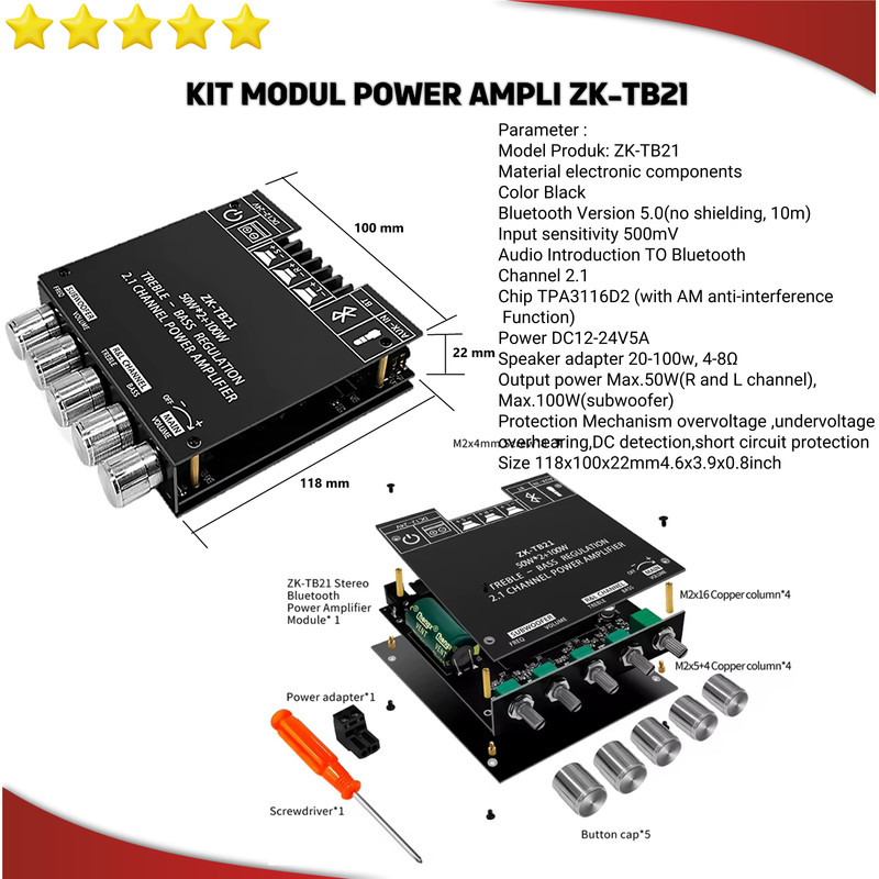 Kit ZK-TB21 BT digital power amplifier 2.1 TDA7498E subwoofer H&L