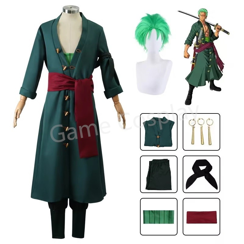Anime Figures Roronoa Zoro Cosplay Costume Uniform Green Coat Pants Head Scarf Roronoa Zoro Wig