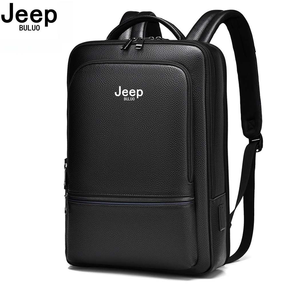 JEEP BULUO Fashion Men genuine leather backpack business casual real cow leather high quality 15.6