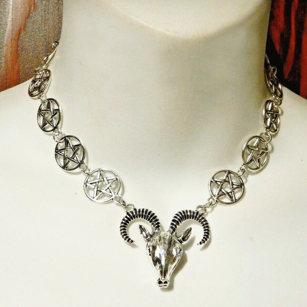 Goat Head Choker Necklace, Ram And Pentagram Chain Necklace, Baphomet Necklace,Gothic Wicca,Nic