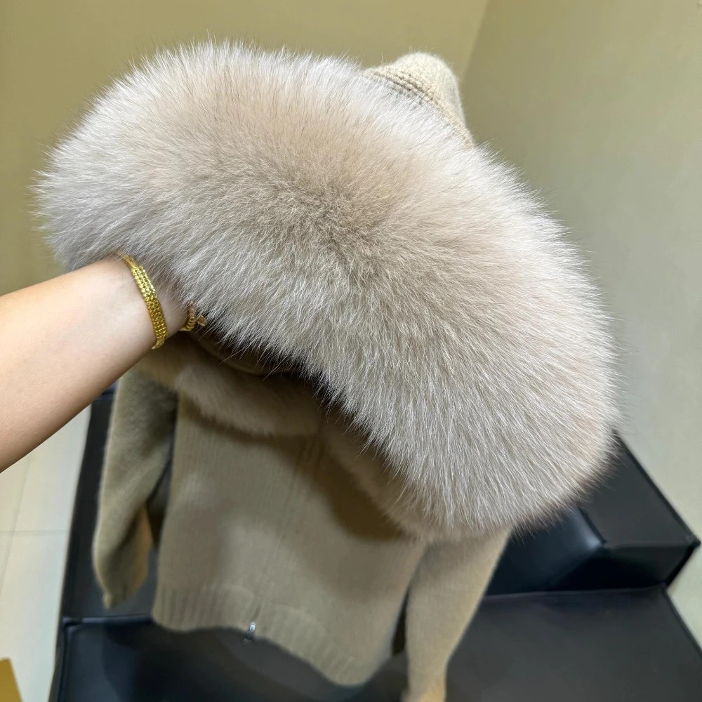 Knitwear Cardigan Women Spring Fashion Knitted Jacket Female Autumn Hooded Real Fox Fur Coat Natural