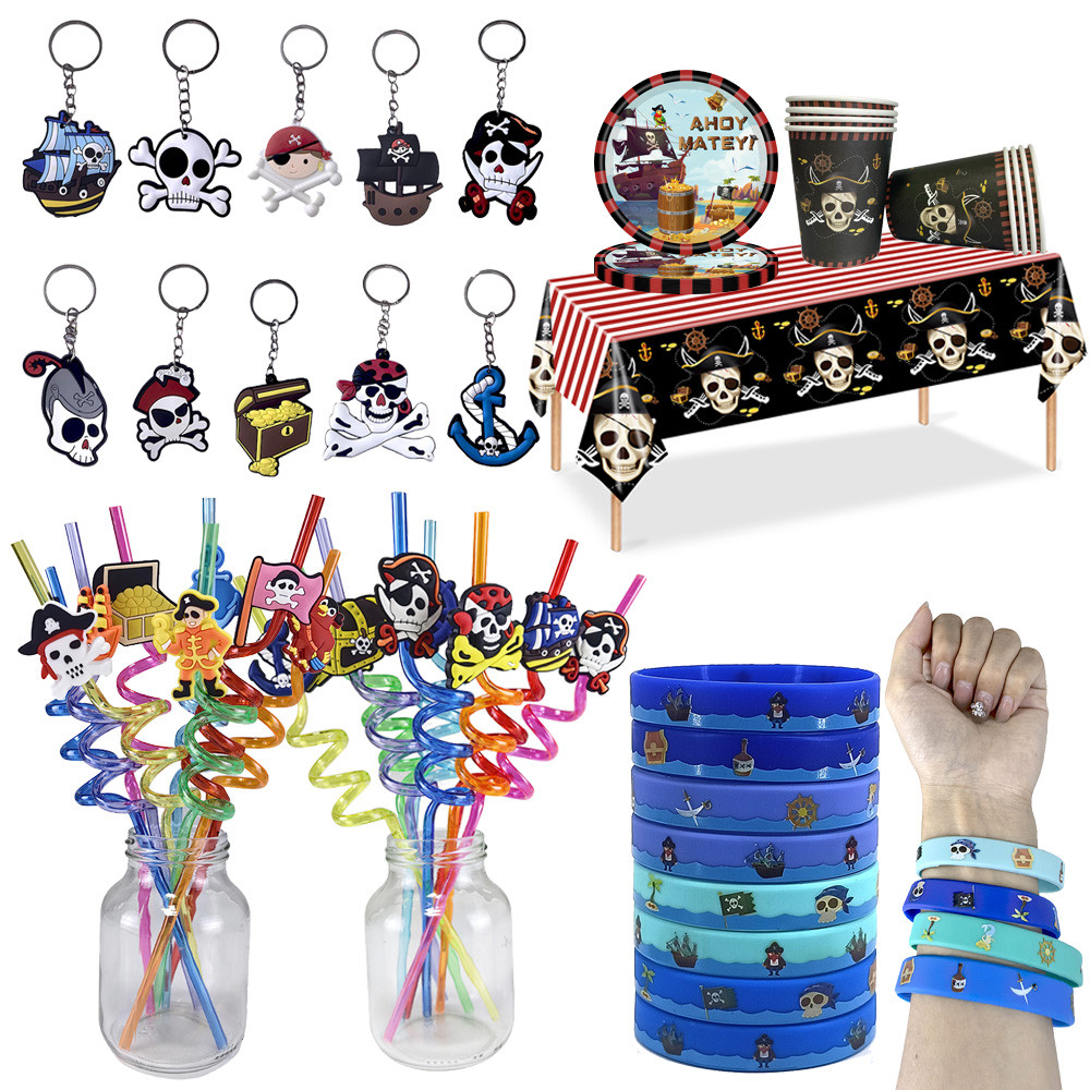 Pirate Party Supplies Favors Pirate Keychain Rings Rubber Bracelets Pirate Plastic Straws Pirate