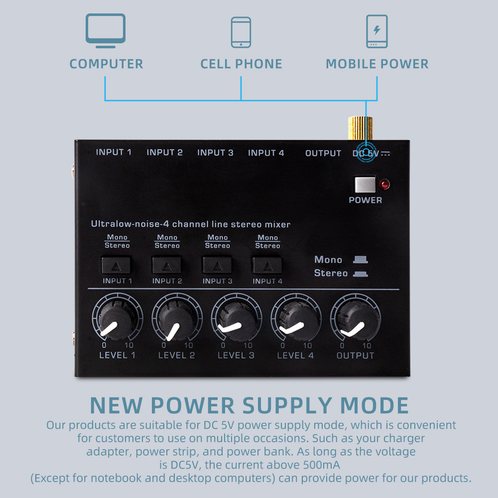 MAX400 Audio Mixer Mini Stereo Mixer Ultralow Noise 4 Channels Mixers Mixing Console DC5V for