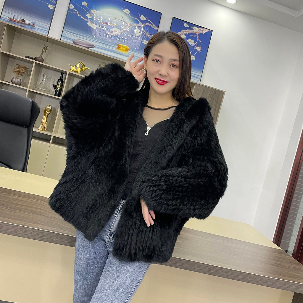 MPPM Natural Rabbit Fur Coat Women Real Rabbit Fur Hooded Coat Long Sleeve Women's Jacket Casual