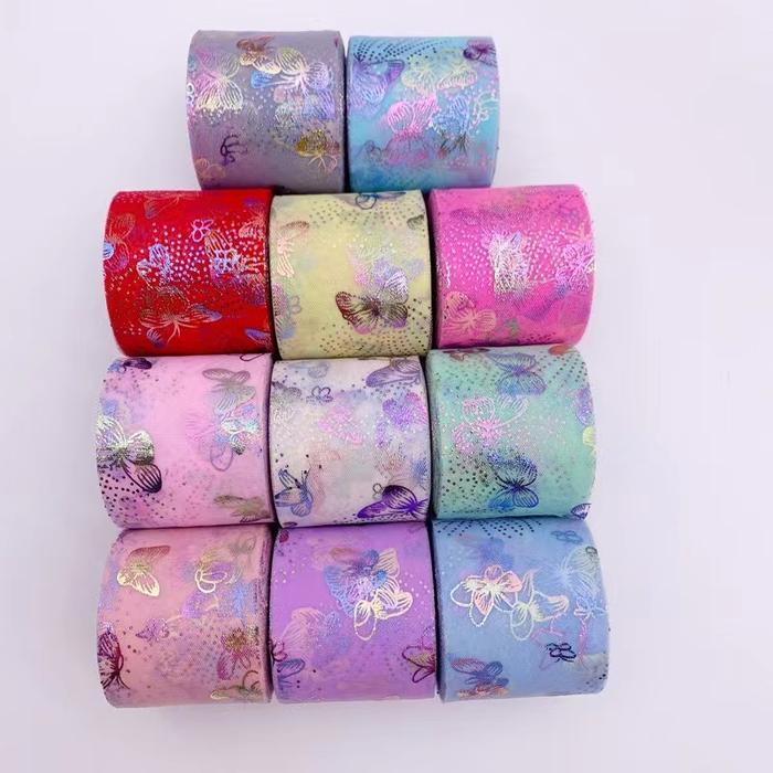 Pita Tulle size 6 cm pita tile halus motif kupu kupu impor meteran