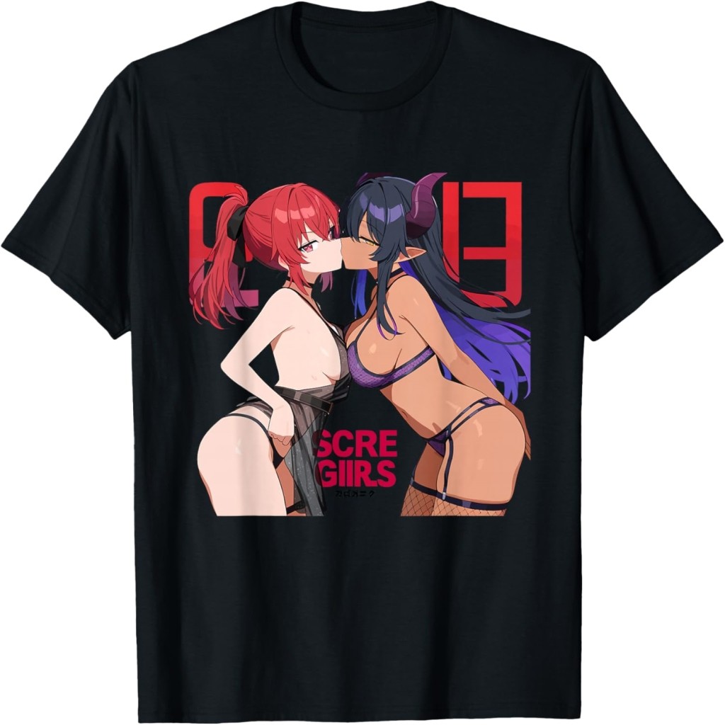Waifu Sexy Anime Kissing Girls Horns Japanese Manga Style T-Shirt