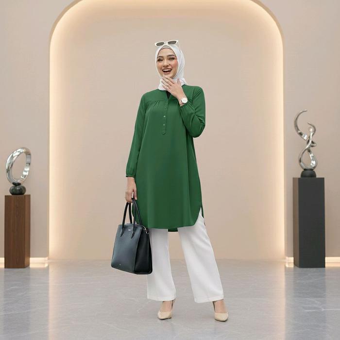 Tunik Wanita Lengan Panjang Katun Viscose Hijau Botol Size L-6L Nyaman Busui Friendly Tunik Polos