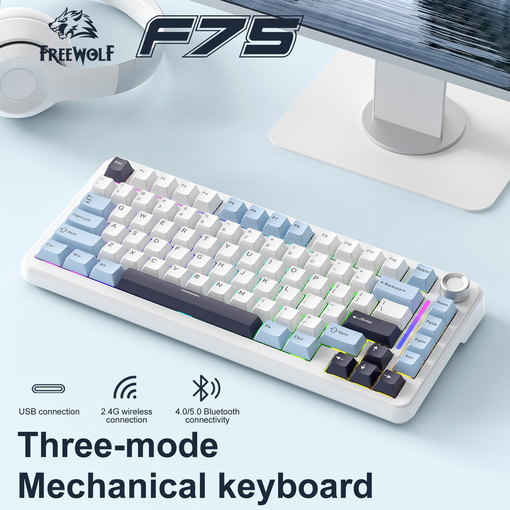 FREEWOLF and Aula F75 Mechanical Keyboard with Metal Knobs,4000 mA,RGB,Tri-Mode AULA F75 Keyboard