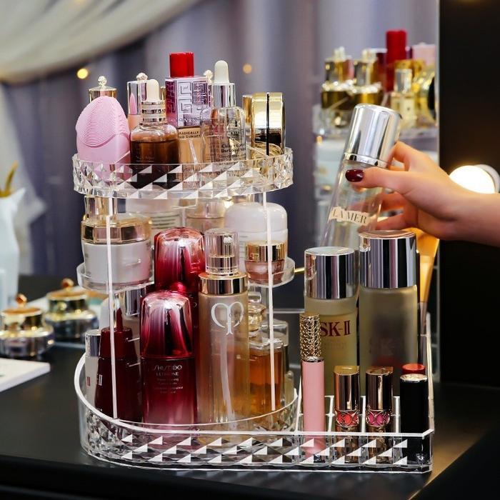 Rak Make Up Kosmetik Petak Acrylic Putar 360 Derajat Diamond Transparan Rak Organizer Makeup