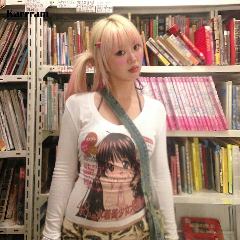Karrram Japanese Y2K Anime Print T-Shirt 2000S Aesthetics Long Sleeve Tee Shirt Vintage Harajuku