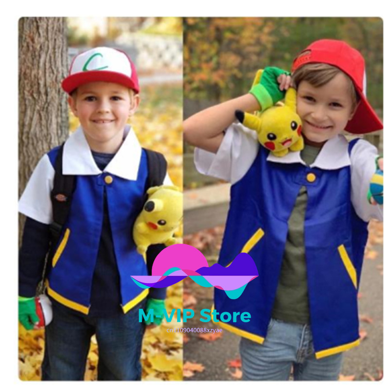 kids pet Anime Elf Ball Blue Jacket Costume Boys Girls Ash Ketchum Cosplay for Halloween Party
