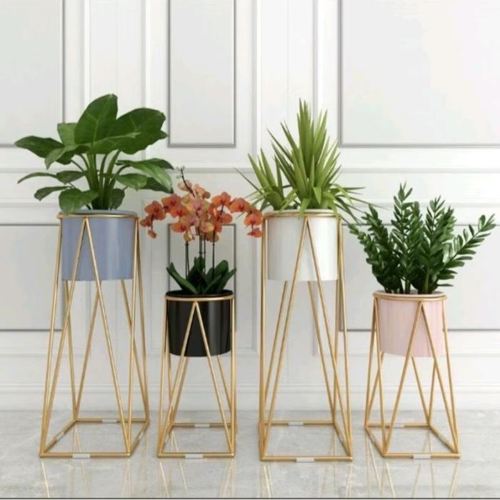 Standing Rak Pot Bunga Besi Murah - Set 2 Pot Bunga - Warna Hitam/Putih/Gold