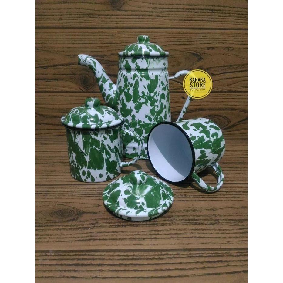 SET TEKO & CANGKIR MUG GELAS BLIRIK BLURIK LURIK ENAMEL SENG JADUL