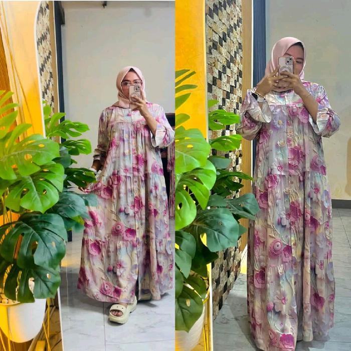 Gamis Dres Rayon Gamis Rayon Diamond Motif Bungga Lengan Panjang Wanita Busui Muslim Katun Kaftan