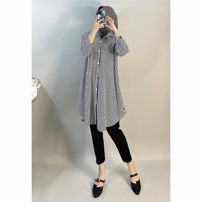 "New" Tunik Salur Hitam Putih Dewasa MONTYFASHION 137 Tunik Atasan