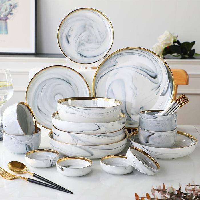 Piring Makan Marble Set / Piring Keramik Marble / Hampers Wedding Gift