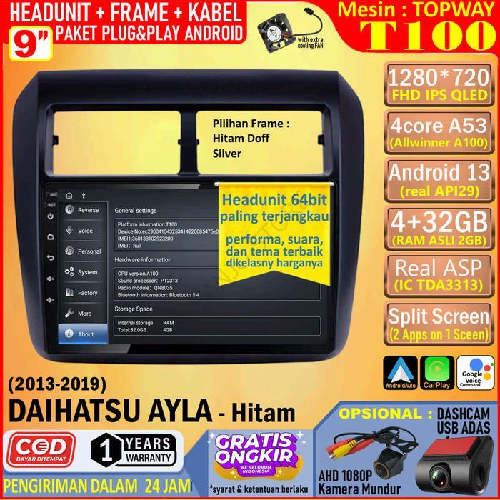 Ready Paket Headunit Android 9 inch + Frame + Soket PNP Daihatsu Ayla 2013 - Hitam Topway T100 RAM