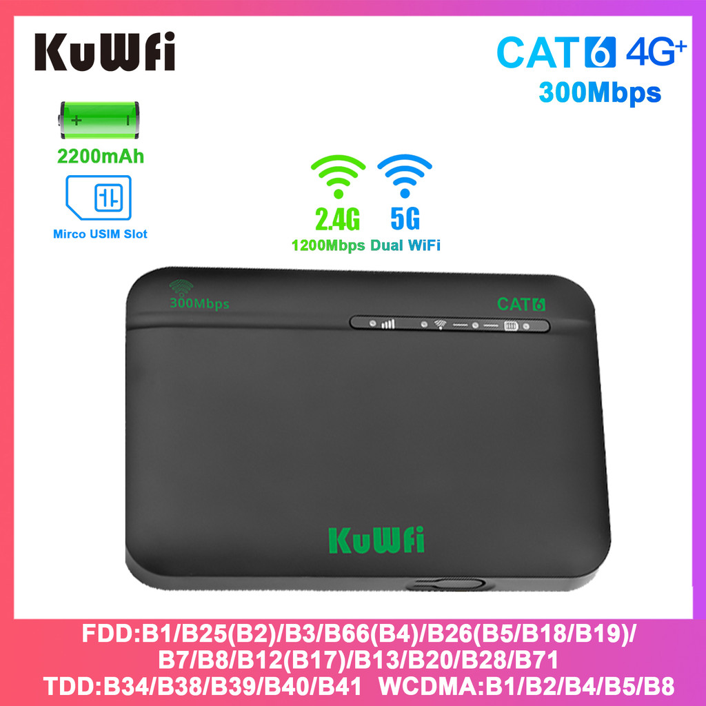 KuWFi CAT6 4G+ Travel Router 1200Mbps 2.4G 5G Dual Band WiFi Rate Portable 4G LTE Modem 2200mAh