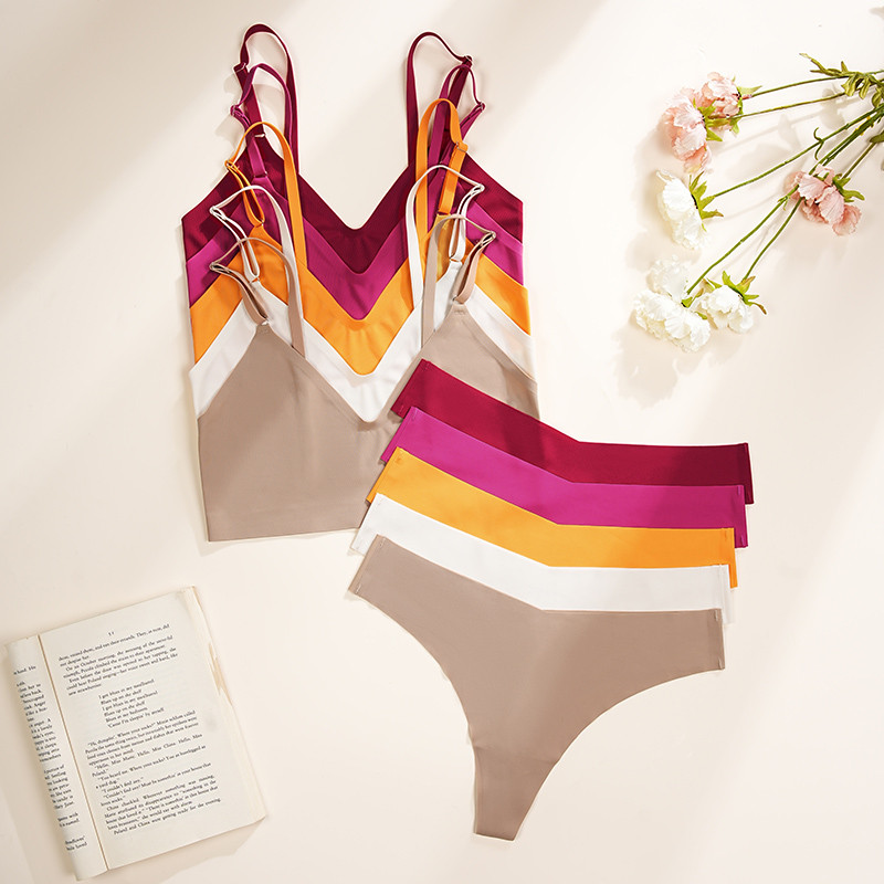 Ice Silk Brassiere Female Underwear Set Women Seamless Bra Set Thong Low Waist Panties Wire Free Bra