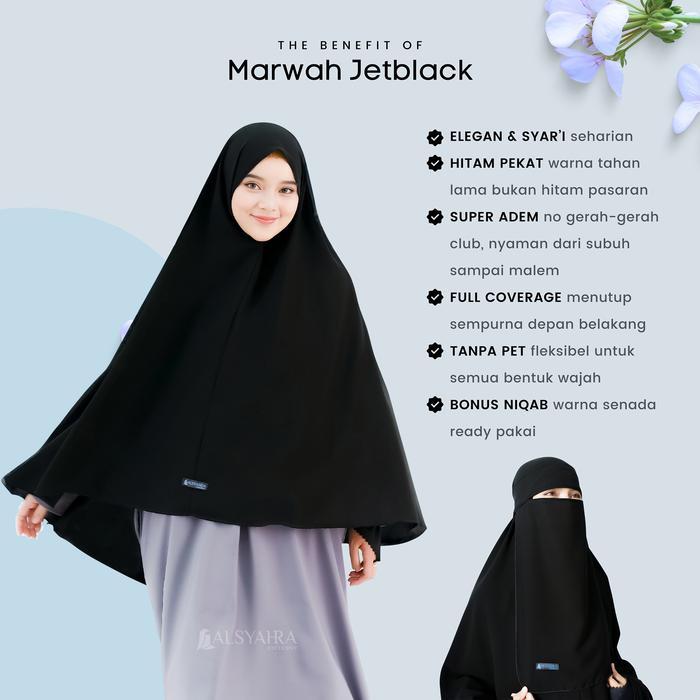 DISKON Set Khimar Marwah Non Pet Niqab Bandana Alsyahra Exclusive L Jetblack Basic Hitam Pekat