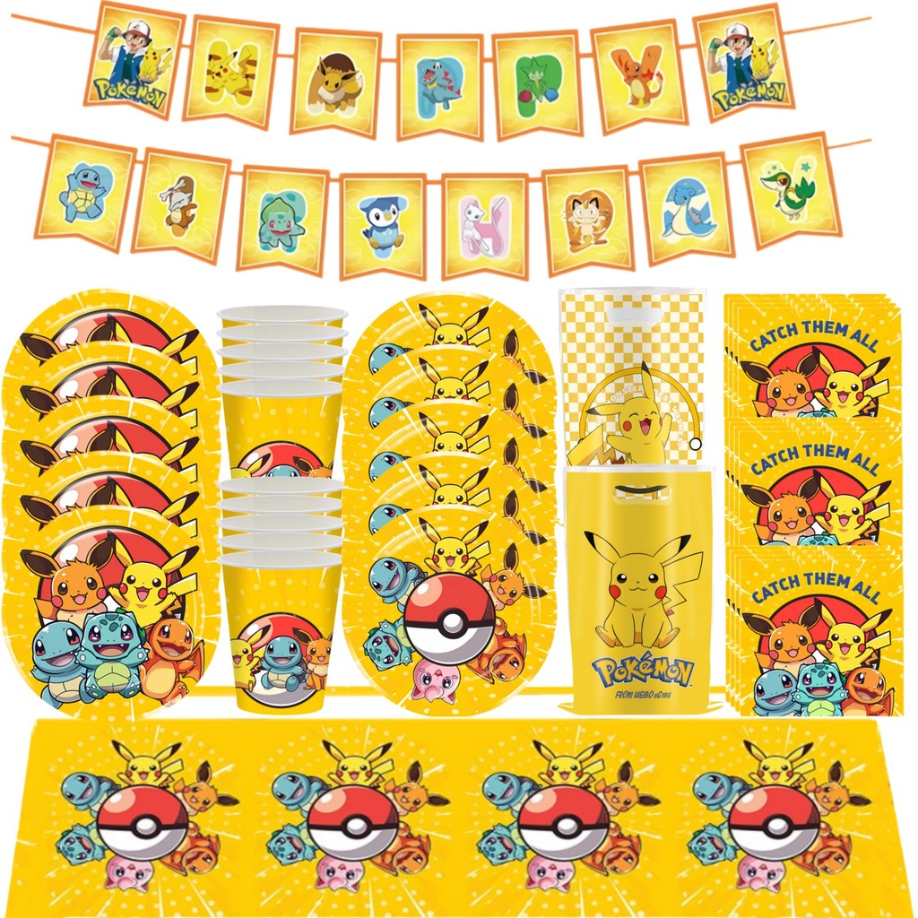 Pokemon Birthday Decoration Pokemon Figures Set Tablecloth Plate Cup Baby Shower Supplies Pikachu