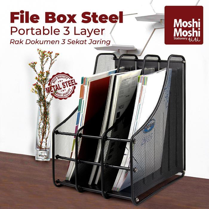 File Box Foldable Steel Rak Penyimpanan Dokumen 3 Sekat Jaring Besi