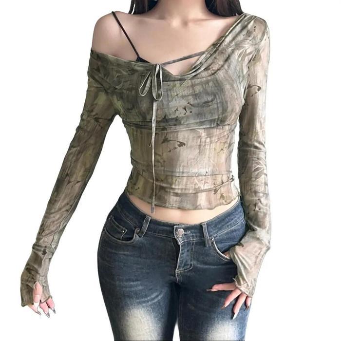 Night Charm - [HEYSOUL] Crop Top Transparan Wanita Lengan Panjang Model Korea Asimetris Kekinian