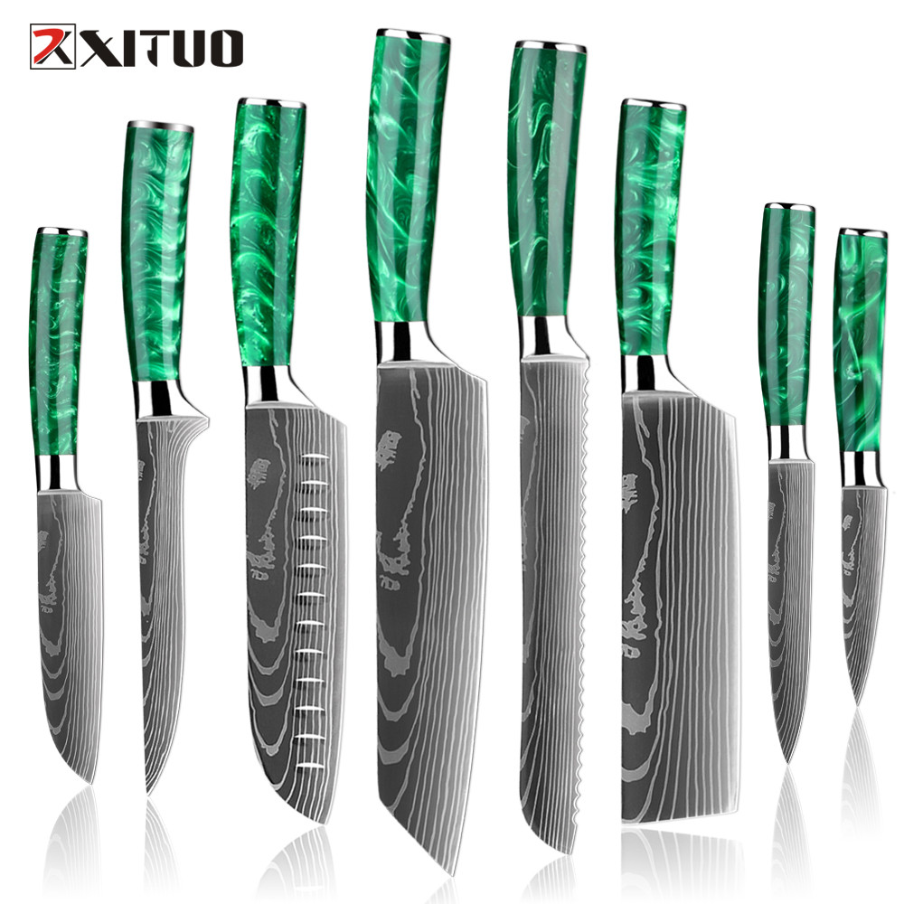 Pro Chef Knife Set 1-8Pcs,7Cr17Mov Steel Kitchen Cooking Kns Utility Knife Super Sharp Blade
