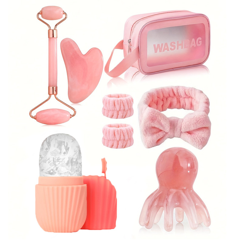 8-Piece Facial Beauty Gua Sha Massage Tool Set: Gua Sha Board, Roller, Face Wash Headband,