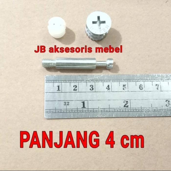 BAUT SKRUP MINIFIX POLOS MF 15 mm KOMPLIT SET PANJANG 40 mm (4 cm) / AMBALAN SEKRUP BESI KNOCK DOWN