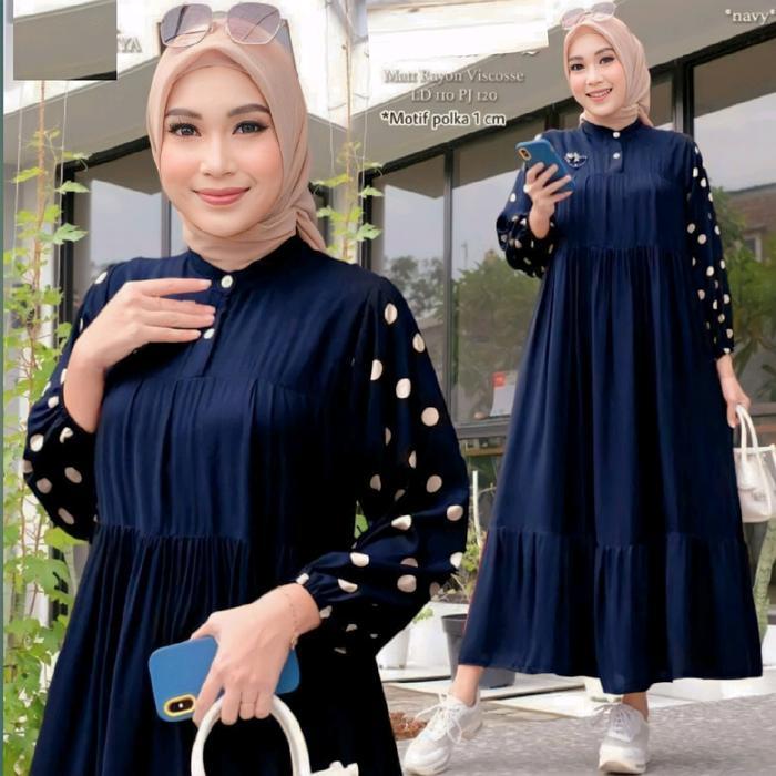 Gamis Muslimah Motif Polkadot Bahan Rayon Premium / Gamis Lebaran Kekinian
