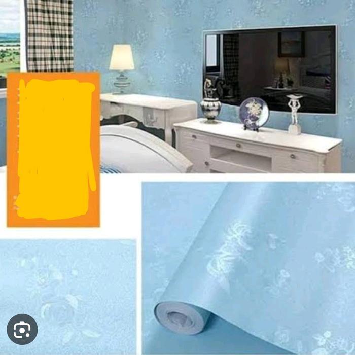 Wallpaper Stiker Dinding Biru Polos Embos Bunga Mawar