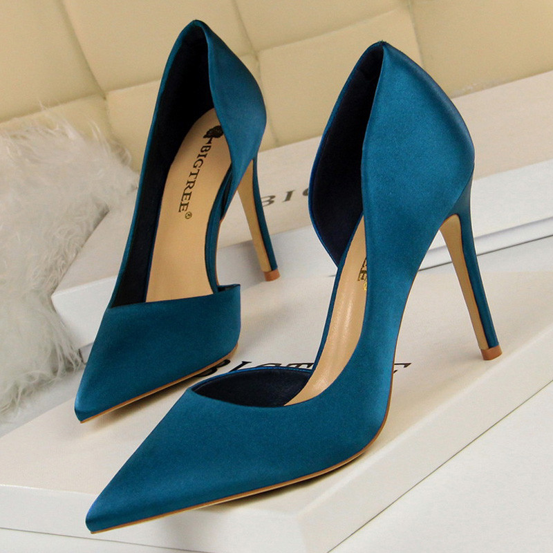 Bigtree Shoes Woman Pum Black Blue Slr Women Heels Silk High Heels Women Shoes Stiletto Heels 9.5 Cm