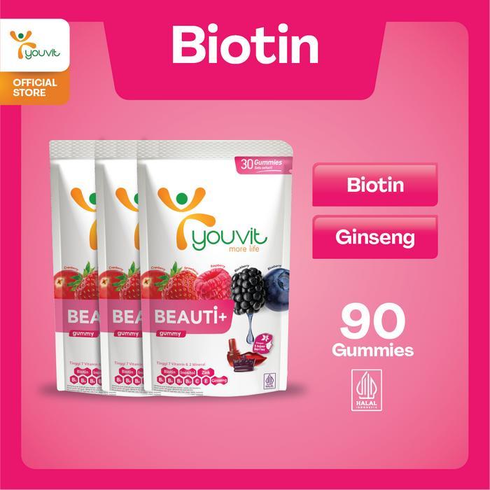 Biotin Gummy untuk Vitamin Rambut Rontok Wanita Youvit Beauti+ 90 Hari