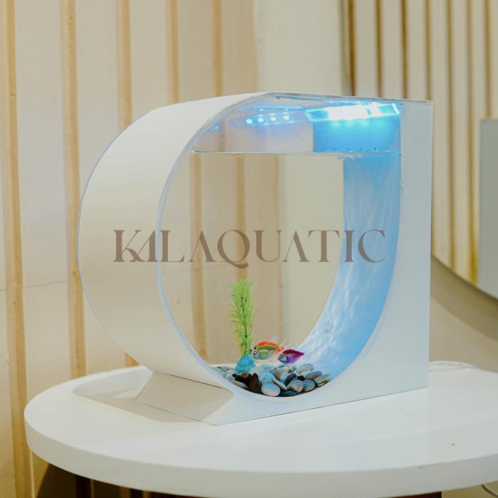 Aquarium Mini Bulat Fullset Minimalis Hiasan Meja Kantor Kamar Aesthetic - Akrilik Pvc Pompa Air