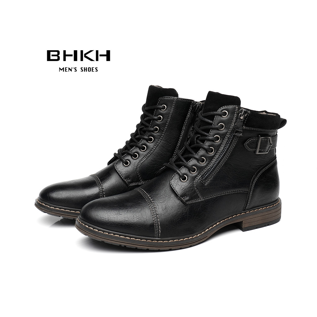 Bhkh Men'S Boots Winter Fashion Botines Zip Lace-Up Ankle Boots Vintage Business Dress Shoes Leather