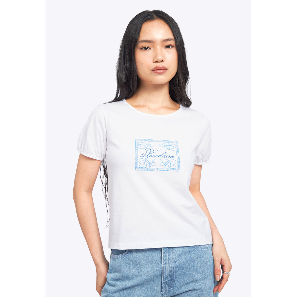 COLORBOX Puff Sleeve Graphic T-Shirt Off White