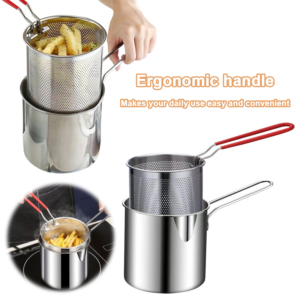Deep Frying Pot with Strainer Stainless Steel Tempura Small Deep Frying Pan Portable Cooking Pot
