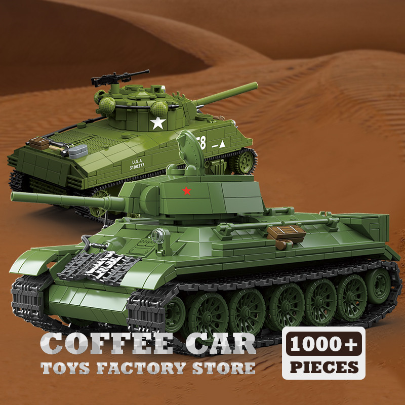 M4A3 Medium Tank Building Blocks T34/76 Armored Cars Bricks Model WW2 Classic Military Toys Adult