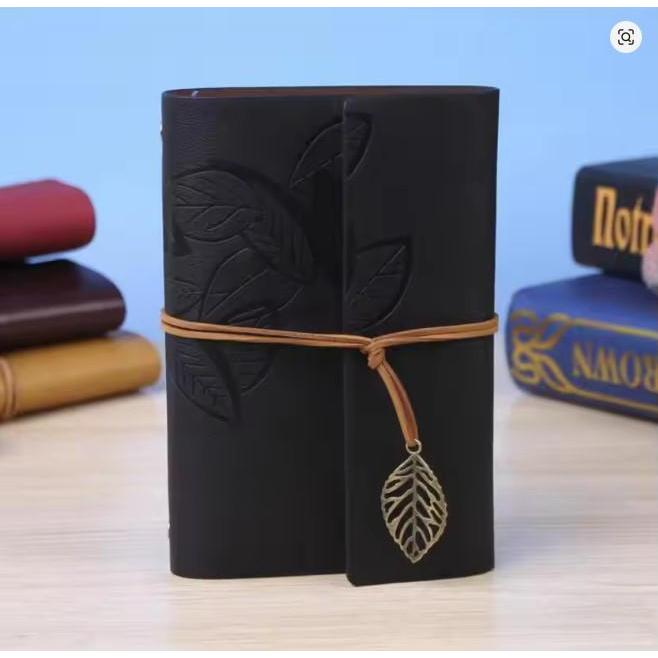 Notebook Buku Binder Vintage A7 Kulit Pu Isi Kertas Daur Ulang Coklat Polos 75 Lembar - Motif Daun