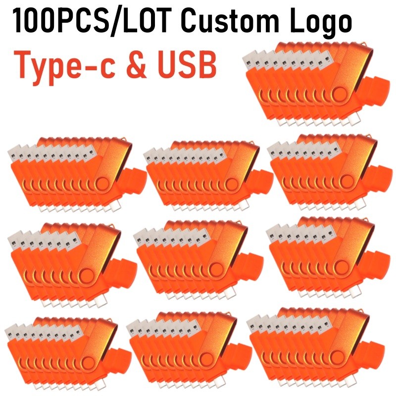 100Pcs Type C USB Flash Drive 128GB 2 IN 1 USB2.0 Pen Drive 64GB 32GB 16GB 8GB 4G Metal Flash Drive