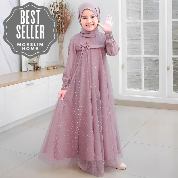 Gamis Anak Model Terbaru 2026 Crinkle Airflow Mix Tile Dot Usia 6-13 Tahun Baju Dress Muslim Brukat