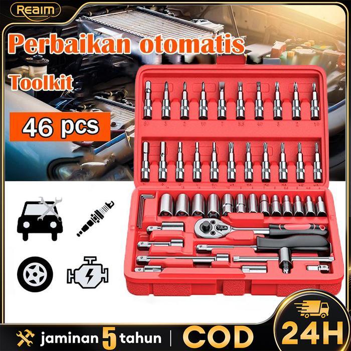 Reaim 46pcs Tool Kit Set Kunci Shock Set alat kunci pas 46pcs kunci Mata Sok lengkap obeng set kunci
