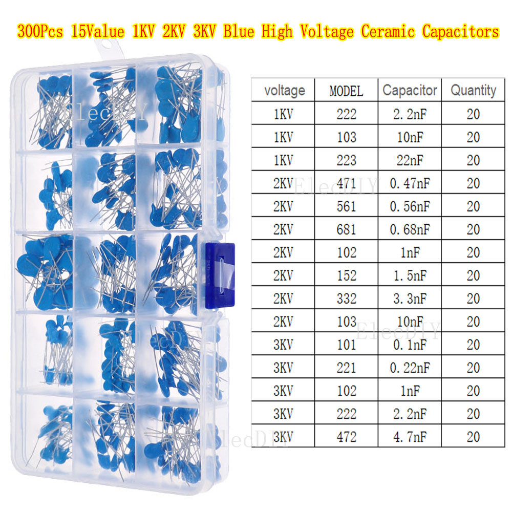 300Pcs 15Value 1KV 2KV 3KV High Voltage Ceramic Capacitors Assortmen Kit 102 222 103 223 471 681 102