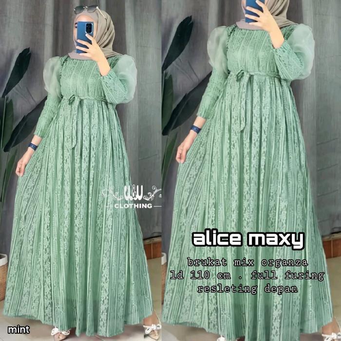 Alice Maxy Gamis Brokat Organza Ld 110 Cm Pj 140 Cm Navy Hitam Busui Jumbo Kondangan Elegan Melar