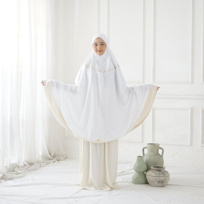 Mukena Santri Gontor - Aisyah Series Putih - Krem Bordir Bonus Sajadah / Mukena Gontor