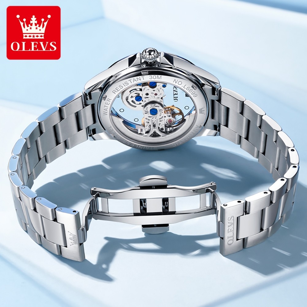 OLEVS LUXURY WOMEN'S WATCHES TRANSPARENT LARGE DIAL STAINLESS STEEL STRAP WATERPROOF AUTOMATIC