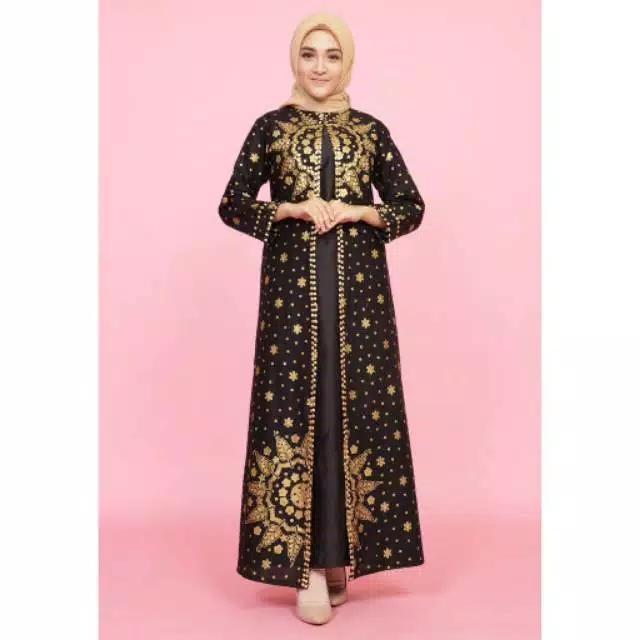 Gamis Long Dress Syahrini Motif Matahari Songket Printing Busana Muslim Wanita Couple Katun Panjang